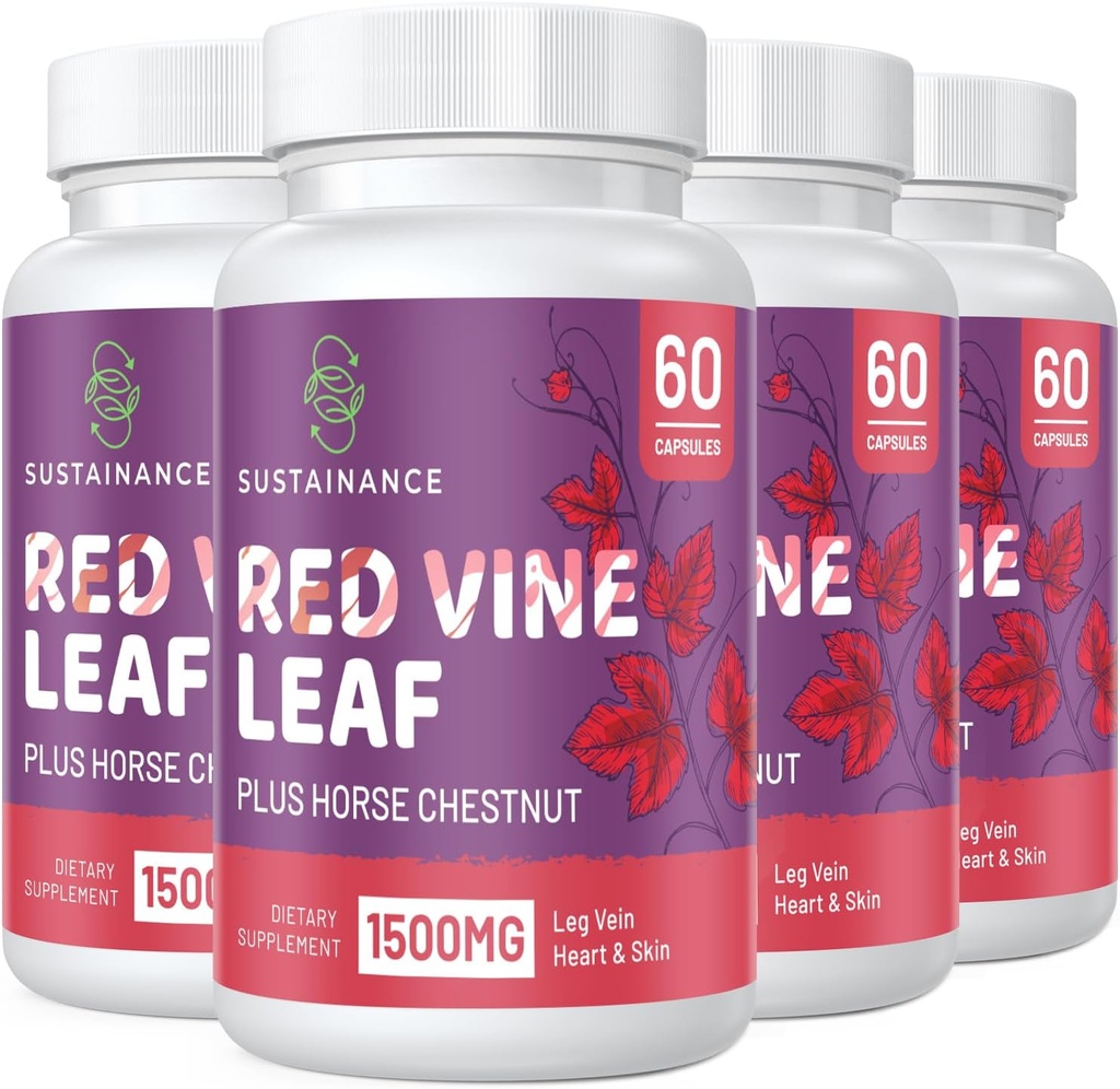 Extrait de feuille de vigne rouge 1400mg & Extrait de châtaigne de cheval 100mg Supplément pour jambe, veine, circulation, coeur, peau (60 Capsules - 4 Bouteille)