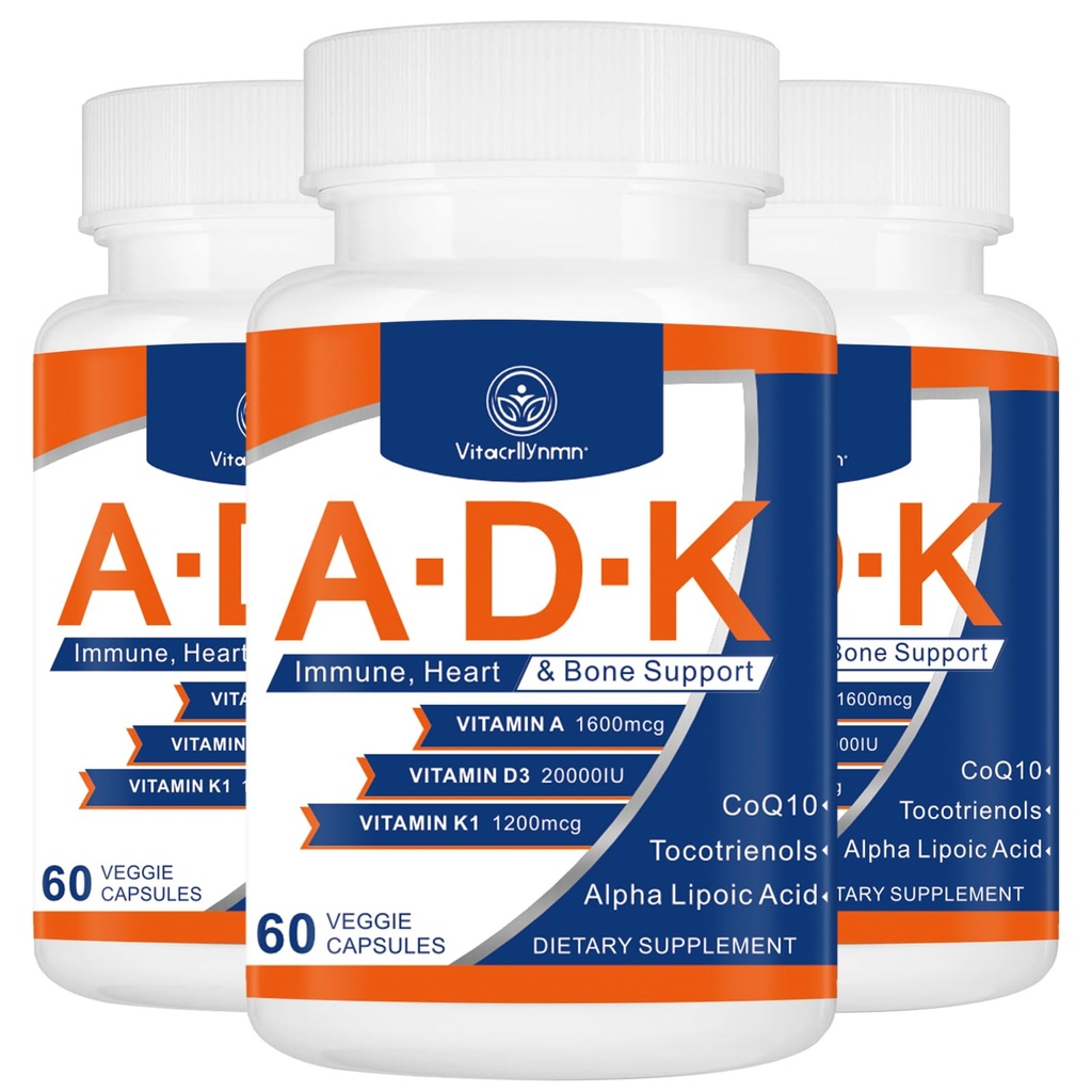 Supplément de vitamine ADK 20000 UI - Vitamines de haute puissance A, D3 et K1 pour le coeur, la santé osseuse et les immunosupport de vitamine ADK 180 Capsules
