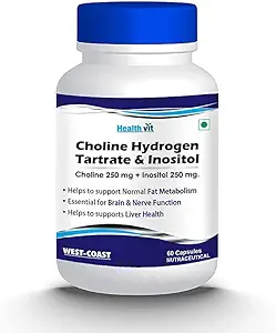 Tartrate d'hydrogène Choline 250mg & Inositol 250 Mg - 60 Capsules ► Métabolisme énergétique, santé du foie, essentiel pour le cerveau et la fonction nerveuse - Non-OGM, végétalien, sans gluten, sans lait
