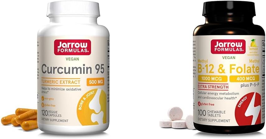 Jarrow Formulas Curcumin 95 500mg - Bis zu 120 Portionen (Veggie Caps) & Extra Strength Methyl B-12 1000 mcg & Methyl Folate 400 mcg + P-5-P