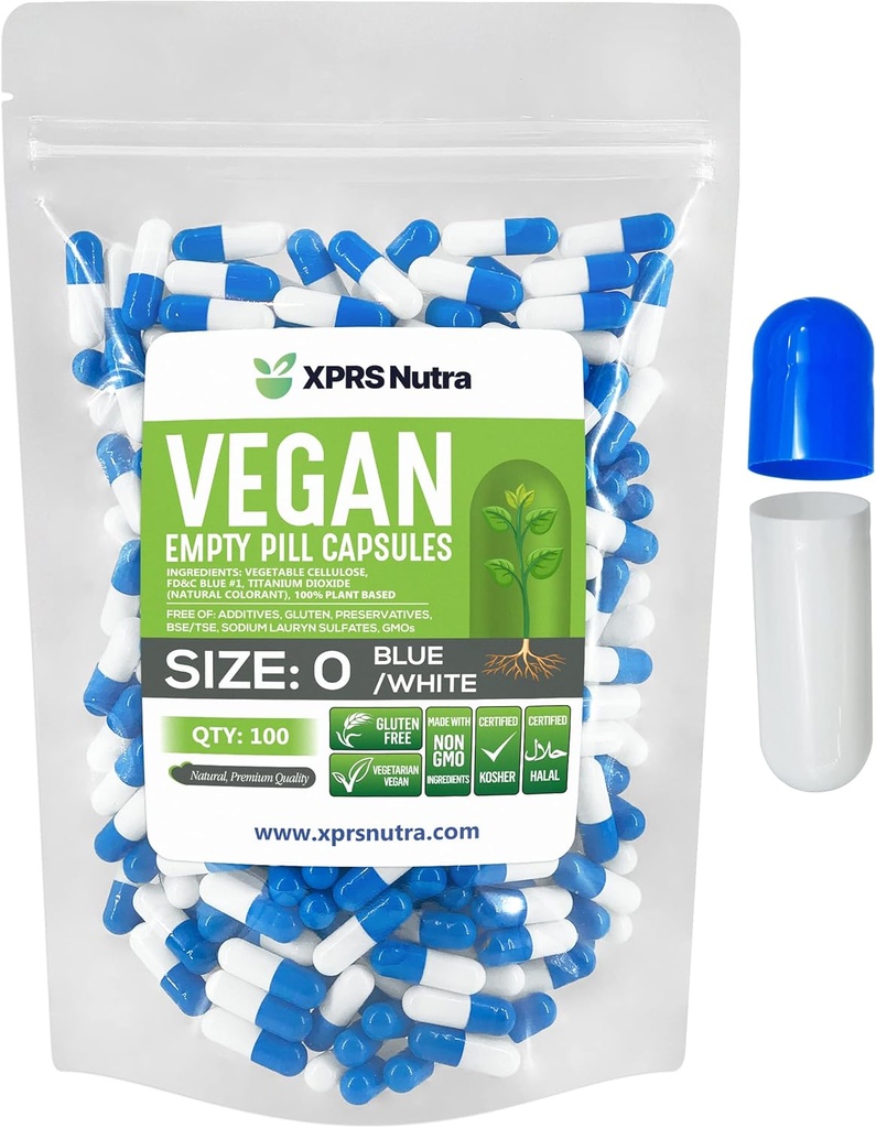 XPRS Nutra Größe 0 Leere Kapseln - 100 Count Leere Vegan Kapseln - Vegetarische Pillen - DIY Gemüse Kapsel Füllung - Veggie Pillen Kapseln für Do-It-Yourself Ergänzungen (blau/weiß)