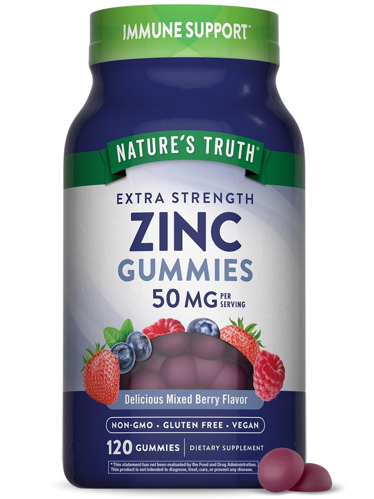 Nature's Truth Zinc Gummis für Erwachsene | 50mg | 120 Count | Vegan, Non-GMO & Gluten Free Supplement | Mixed Berry Flavor