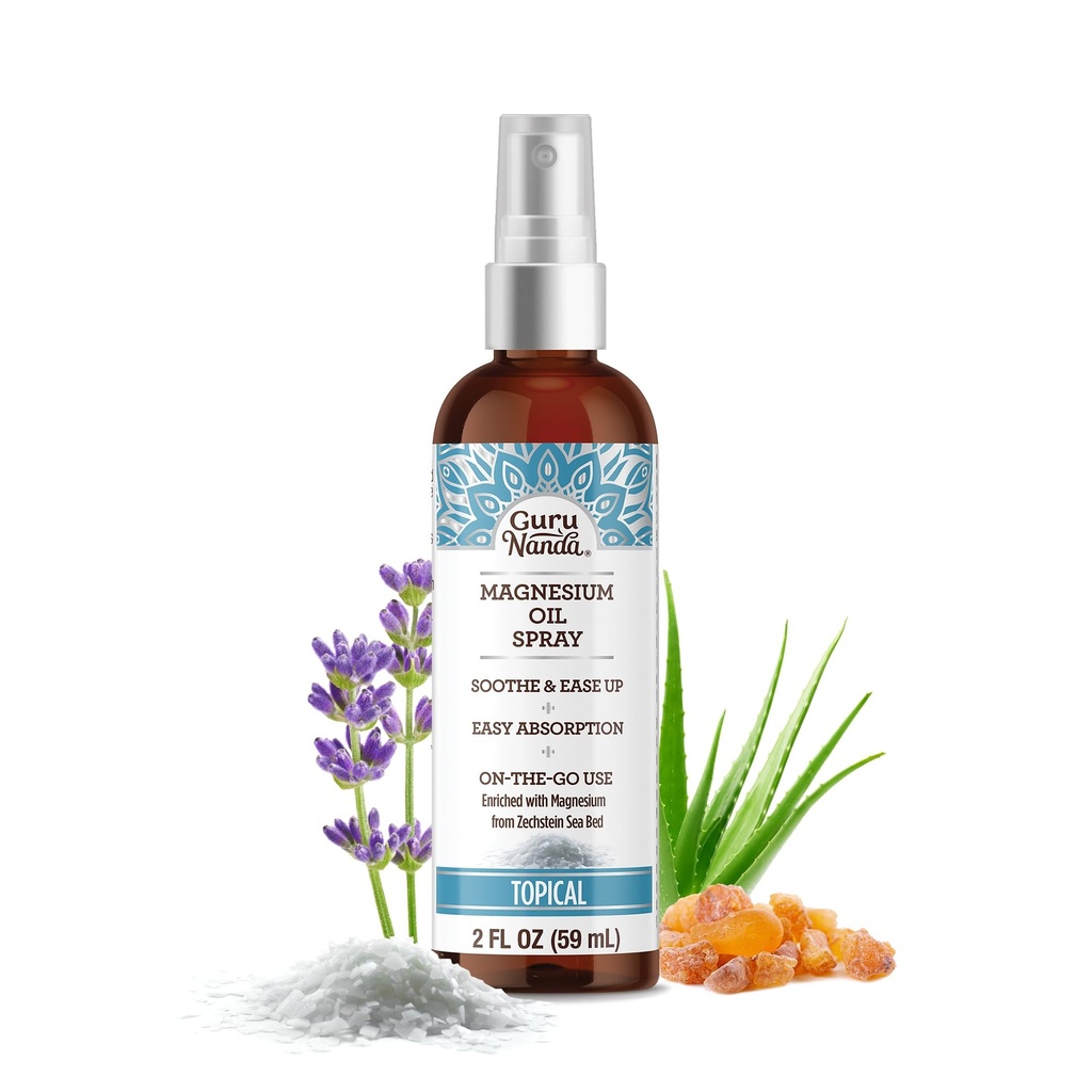 GuruNanda Magnesium Oil Spray (2 Fl Oz), Topical Magnesium Spray with Natural Essential Oils & Aloe Vera, Helps with Muscle Soreness & Relaxation, Cruelty-Free