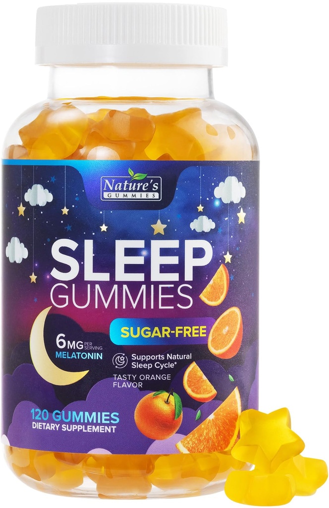 Gummies de sommeil 6mg par portion - Sans sucre Melatonine Supplément Gummy pour adultes - Natural Zéro Sucre Gummy de sommeil pour adultes et enfants, Orange Aromatisé, Soutien de sommeil extra-fort - 120 Gummies