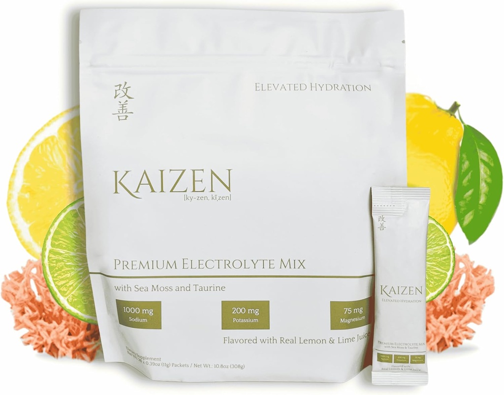 Kaizen Hydration - Premium Ganzkörper Hydration Drink - Energie, Fokus, Wellness - Organische Elektrolytmischung mit irischem Meer Moos, Taurine, Monkfruit Extrakt - Refreshing Lemon Lime Flavor - 8.88 Unze