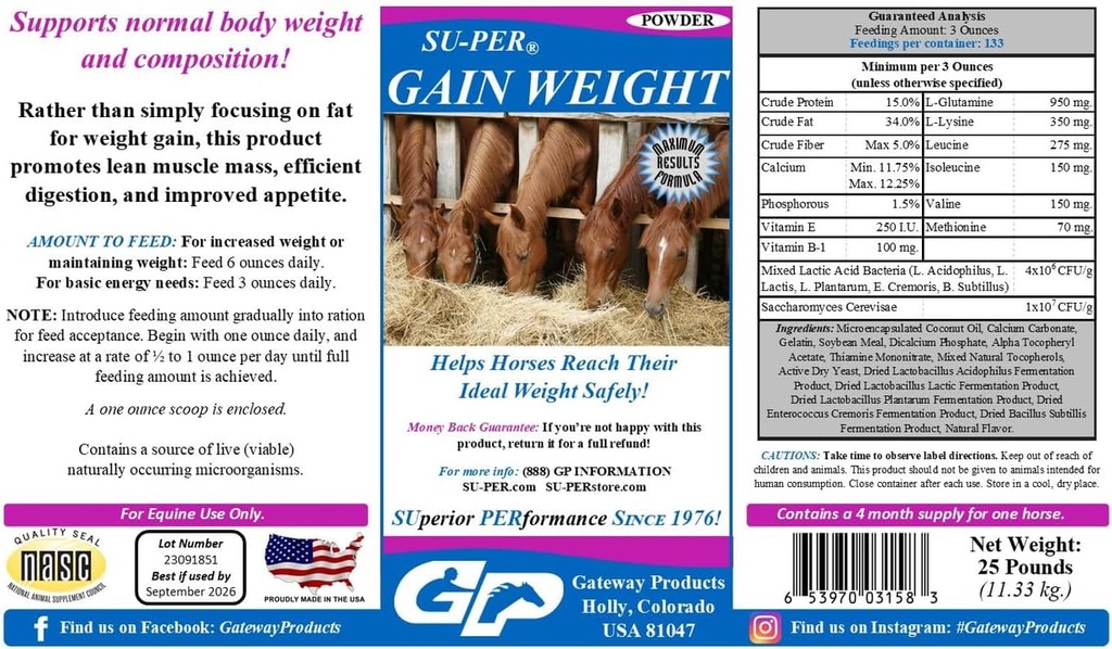 SU-PER Gain Gewicht für Pferde - Equine Supplement Gewicht Gainer für Pferde - Fördert Lean Muskelmasse, Verdauung & Appetit - 25 Pfund, 4 Monate Versorgung