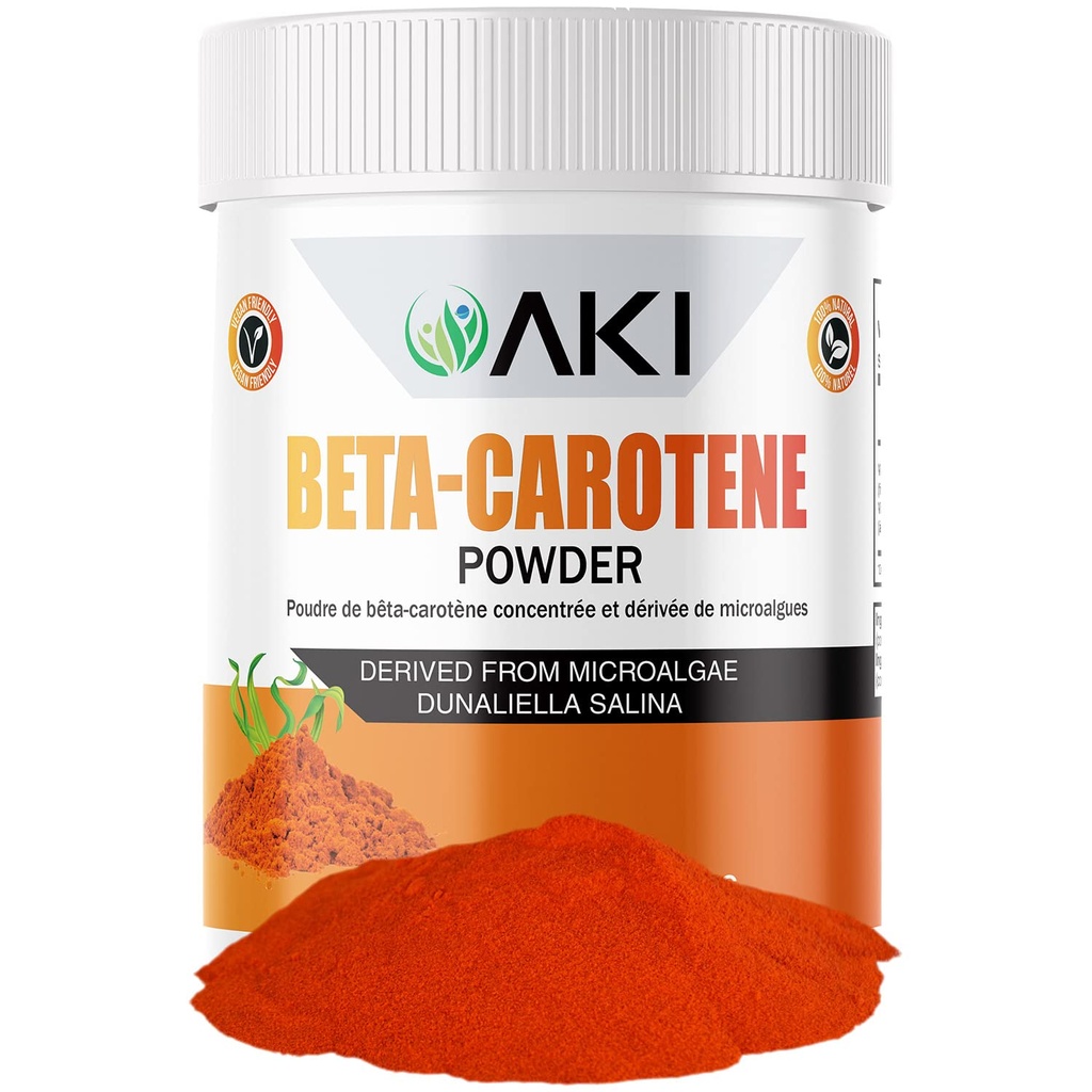 AKI Beta Caroten 10% Pulver (1.5oz/42.52g) Hochkonzentrierte Aroma Fount von Vitamin A, kann helfen, Körperfunktionen, Haut, Immunsystem und Auge zu unterstützen - GMO Free & Vegan Friendly