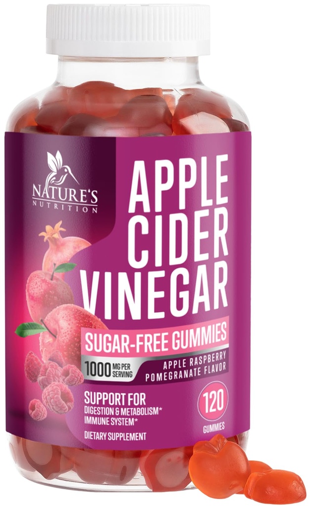 Apple Cider Essiggummis 1000mg - Sugar Free ACV Gummy für Sauberkeit, Vitamin B12 für Verdauung Energie & Immun Gesundheit Unterstützung, Unterstützt Stoffwechsel, Vegan, Keto, Apfel Himbeer Geschmack - 120 Gummie