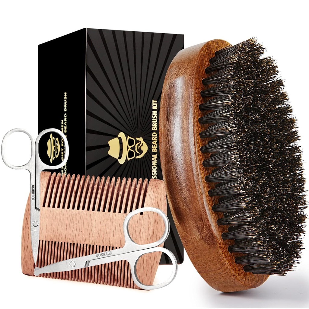 Brosse à barbe Sosoon pour homme, brosse à barbe à poitrine 100% sanglier pur, set de peigne à barbe incluant peigne à barbe, ciseaux de mustache de 2 pcs et sac de voyage