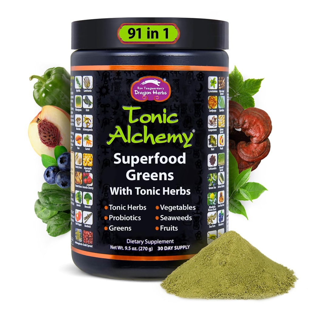 Dragon Herbes Tonic Alchemy Superfood Greens Poudre de 91 ingrédients : Herbes toniques, Ashwagandha, Champignons, Probiotiques, Super Greens, Algues, Fruits, Légumes, Spiruline - 30 portions