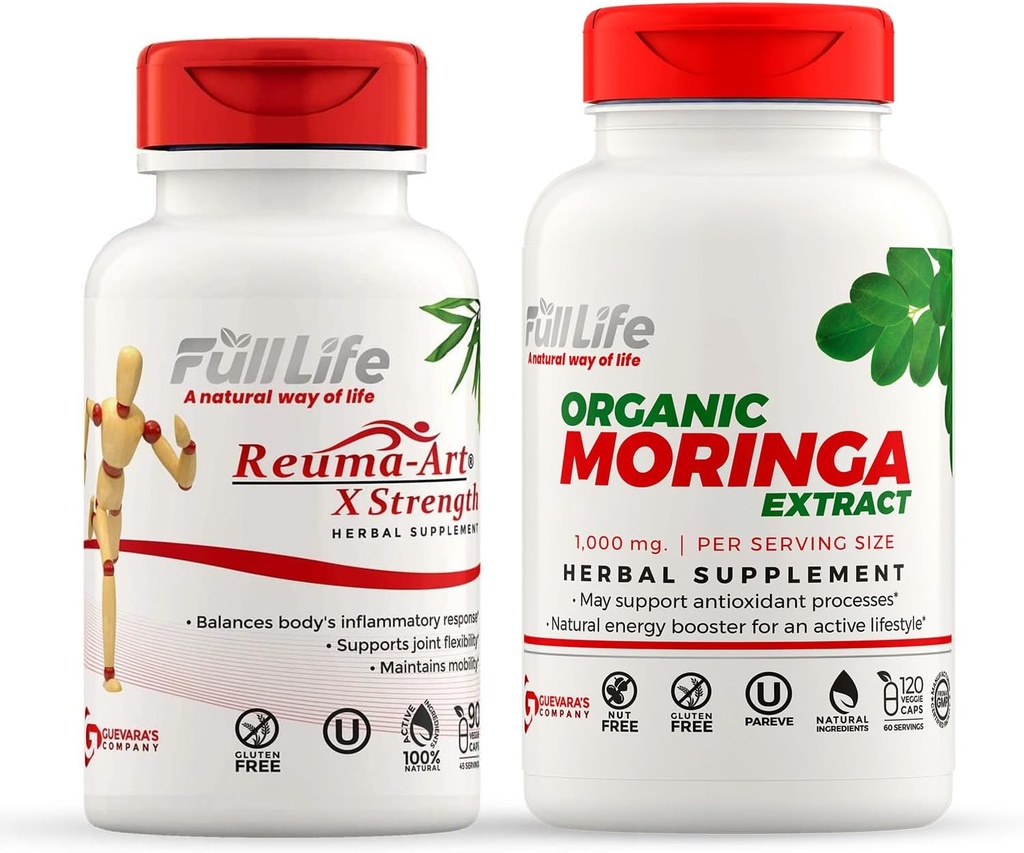 Full Life Reuma-Art X Strength et Moringa Capsules - Supplément de soutien articulaire - Moringa Oleifera Extract - Herbal, Casher, Sans gluten - Capsules de légumes