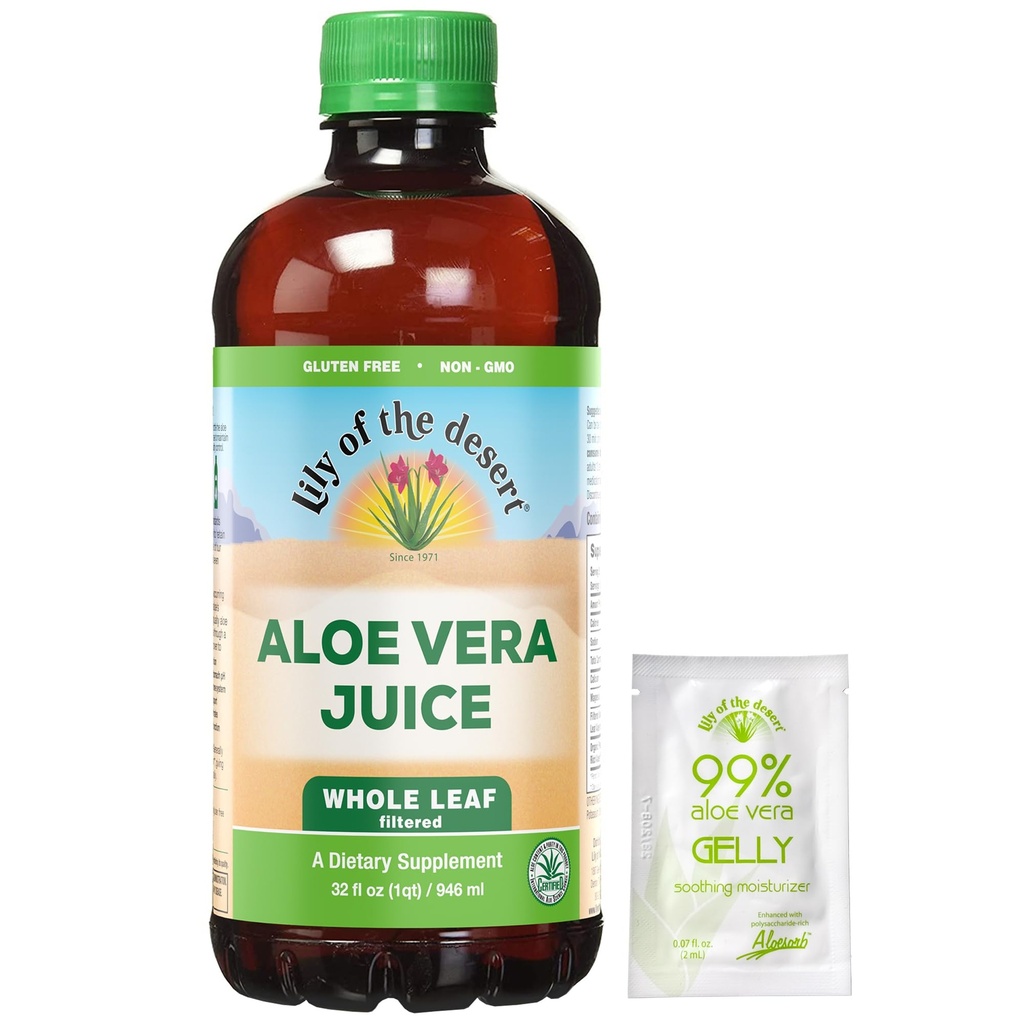 Lily of the Desert Aloe Vera Juice - Boissons d'aloe Vera filtrées à feuilles entières, Jus d'aloe non OGM avec enzymes digestives naturelles pour la santé de Gut, Soulagement de l'estomac, Bien-être, Peau Glowing, 32 Fl Oz. Gelly Sachet inclus