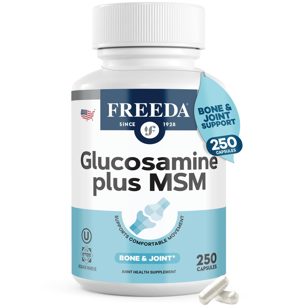 FREEDA Glucosamine MSM – Vegan Joint Flexibility & Mobility Supplement – Vegetarisches Glucosamin ohne Schalentiere – Unterstützt Gelenkfunktion – Third-Party Tested – (250 Kapseln)