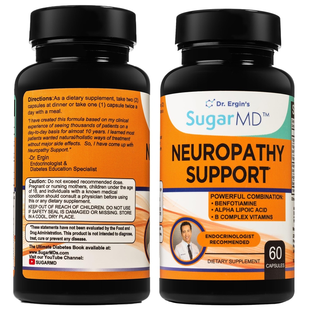 Supplément de soutien à la neuropathie SugarMD – 60 capsules de supplément de nerve avec acide lipoïque alpha, Benfotiamine et vitamine D3 B6 B12 - Supplément de soutien de nerve pour pieds, mains, doigts et jambes - 30 jours d'approvisionnement