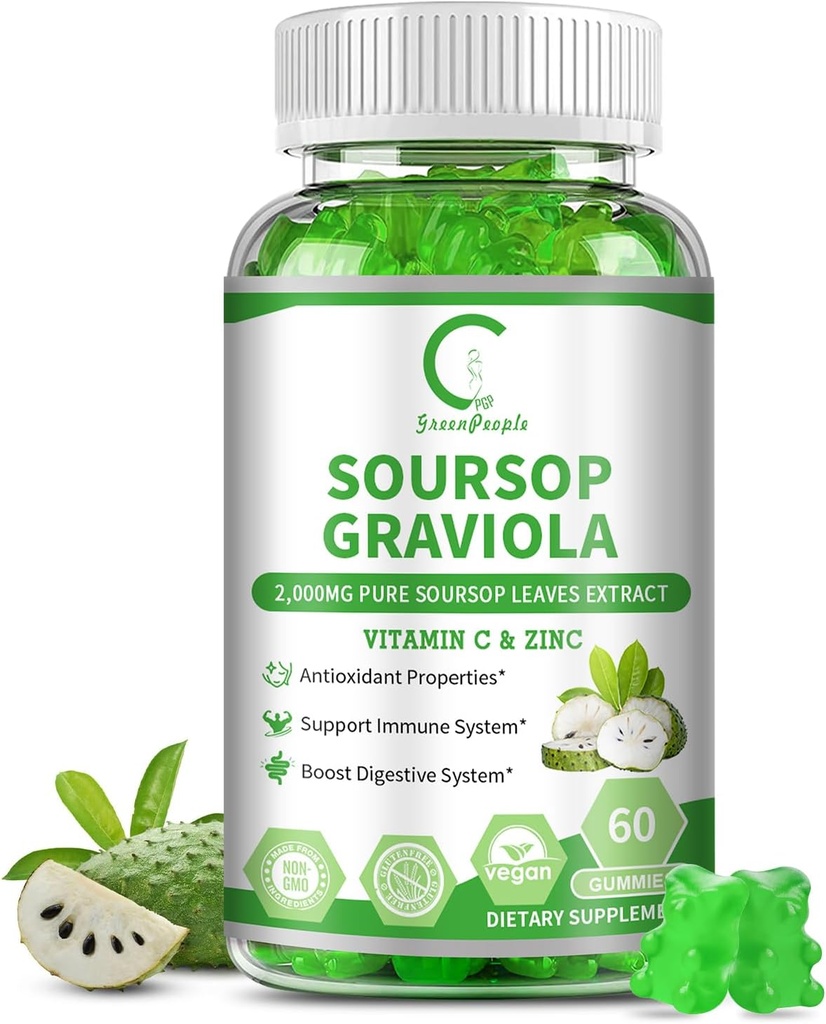 Gommies de Sourop Gravola, Feuilles de Sourop extrait pour stimuler l'énergie, support digestif et immunitaire, propriétés antioxydantes, Gommies de fruits de Sourop pur, végétalien, non-OGM, 60 comtes