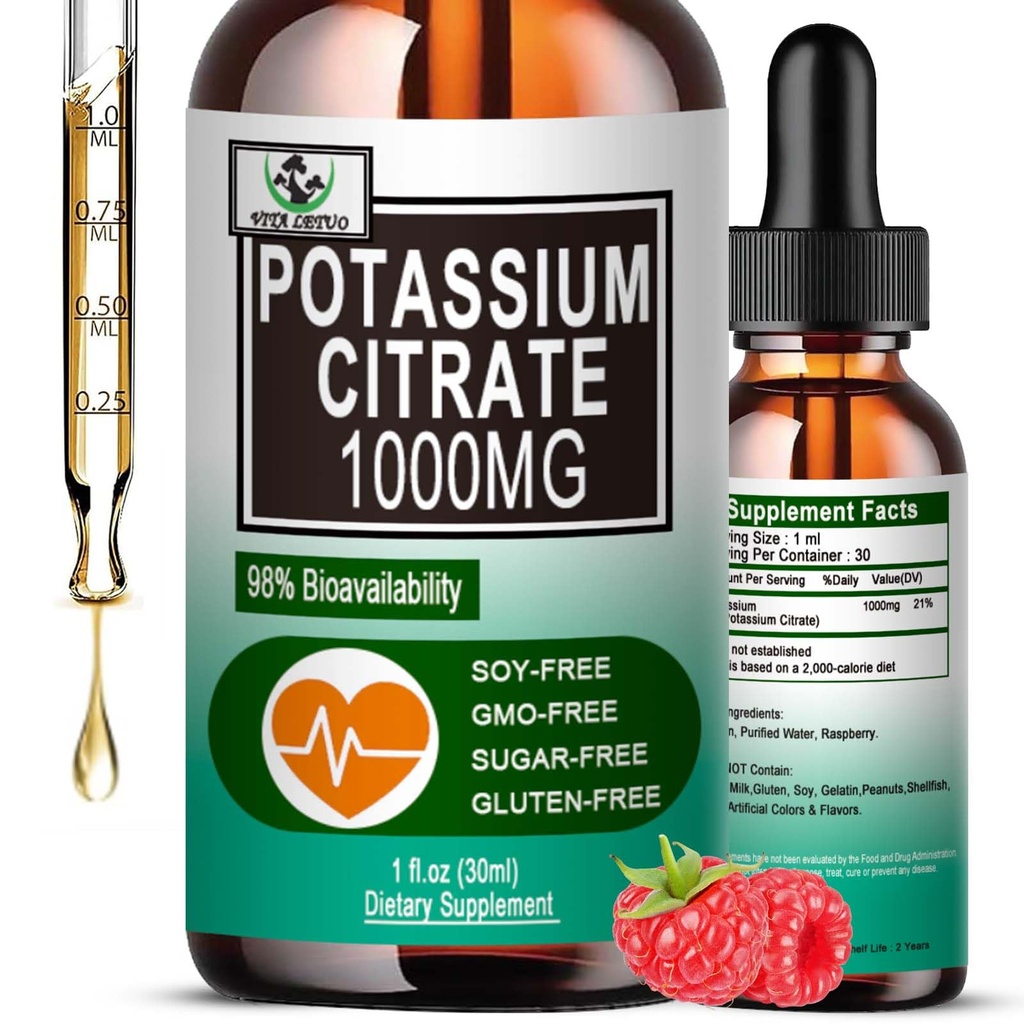 Kalium Citrate Flüssigkeitstropfen,Potassium Ergänzung 1000mg flüssige Unterstützung Muskel-Kreb-Relief, Herz-Gesundheit und Schlaf, Highly Absorbierbar für Erwachsene Frauen und Männer, Vegan, 30 Servierungen