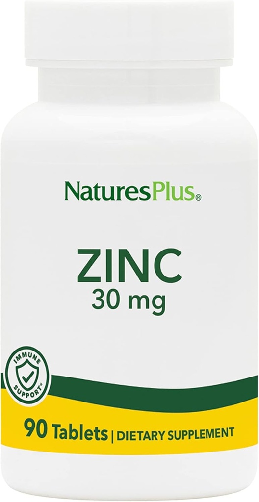 NaturesPlus comprimés de zinc - 30 mg, 90 comprimés végétariens - Supplément système immunitaire pour la croissance cellulaire et la réparation - favorise la digestion saine, le métabolisme et la vision - sans gluten - 90 portions