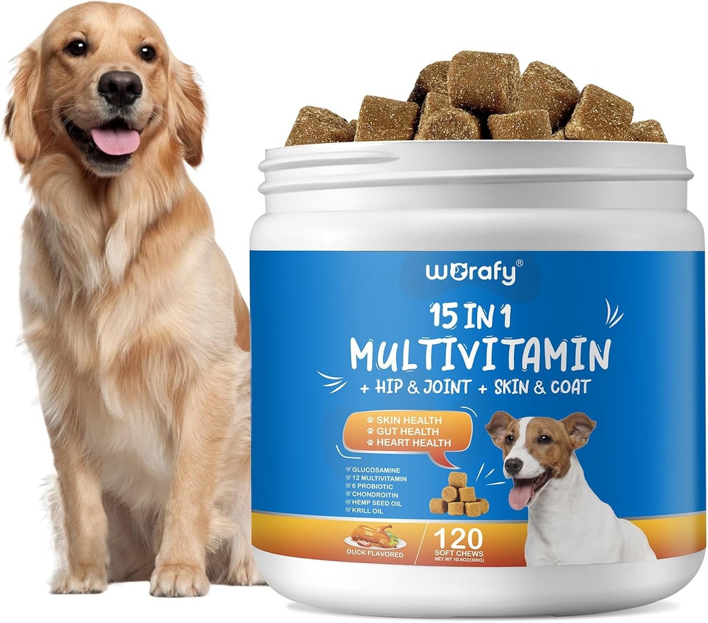 15-in-1 Hunde Multivitamin Ergänzungen - Hund Multivitamin Kaubar - Immunität, Verdauung, Gelenk und Herz Gesundheit Unterstützung für Haut, Mantel Herz, Immunsystem - für alle Altersgruppen Alle Rassen (120 Zähler)