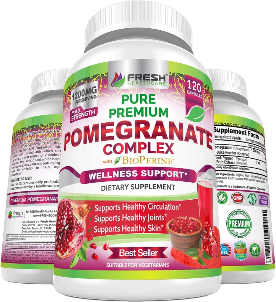 Premium Granatapfelsaft-Pulver-Ergänzung 1200mg, Unterstützt gesunden Blutdruck, Gelenke, Haut und Anti-Aging mit Bioperine Schwarz Pfeffer, Leistungsstarkes Antioxidans mit Vitamin C & K, 120 Vegan Kapseln