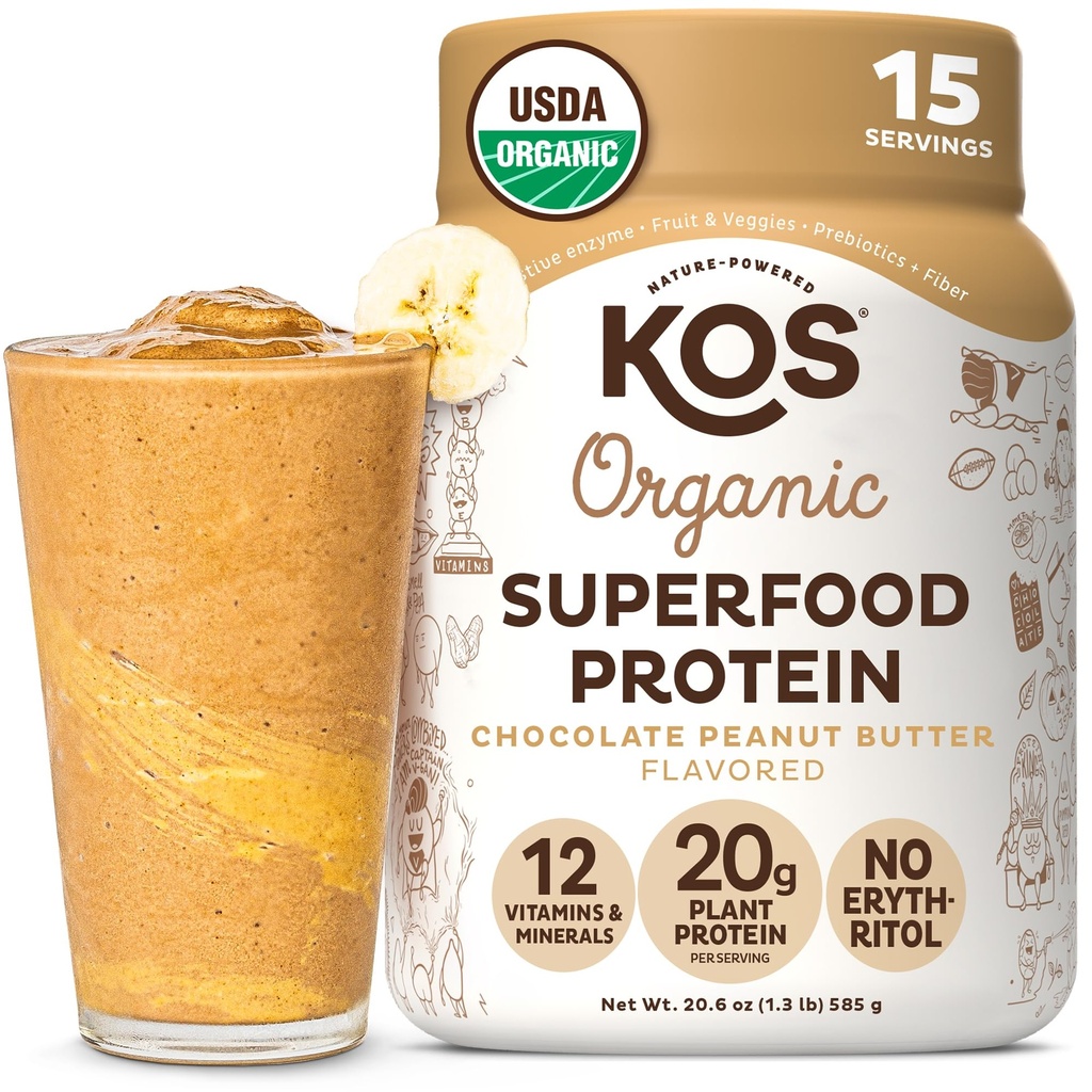 Poudre de protéines à base de plantes biologiques KOS, beurre d'arachide au chocolat - Delicious Vegan Protein Powder - Keto Friendly, sans gluten, sans lait et sans soja - 15 portions