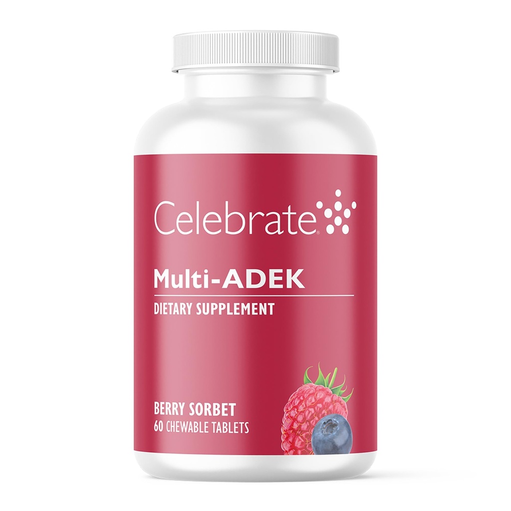 Celebrate Vitamine Multi ADEK Chewables, Iron Free - Daily Bariatric Multivitamin, High Level der Vitamine A, D, E, K & B12 für Duodenal Switch Chirurgie Patienten - Berry Sorbert (60 Tabletten)