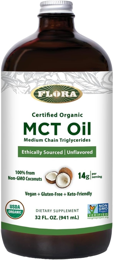 Flora - MCT Oil Certified Organic - Unterstützt Muskel-Energie & Gehirn Gesundheit - Enthält C8 Caprylic Acid & C10 Capric Acid - Non-GMO, Gluten-Free, Vegan & Keto-Friendly - 32 fl. oz. Glasflasche