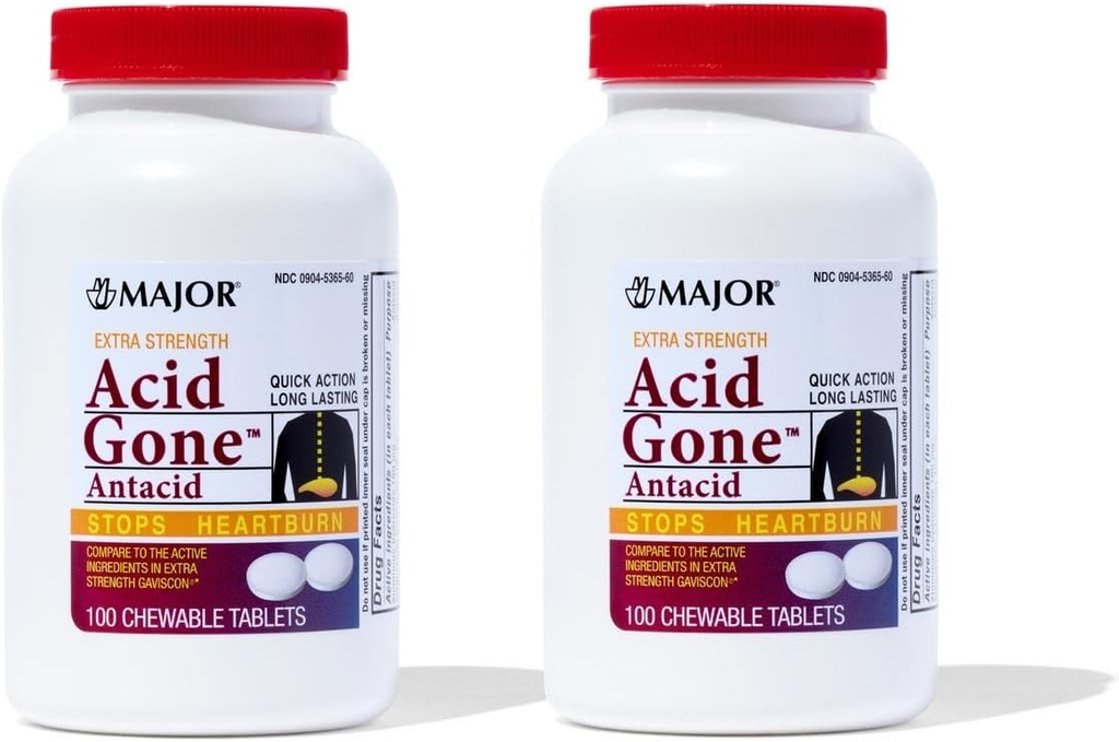 Major Acid Gone Extra Strength Antacid Kautabletten - Anti-Acid Relief - Säure Reflux Medizin für Erwachsene - Upset Stomach, Säureindigestion und Heartburn Relief - Long-Lasting - 100-Count (2 Pack)