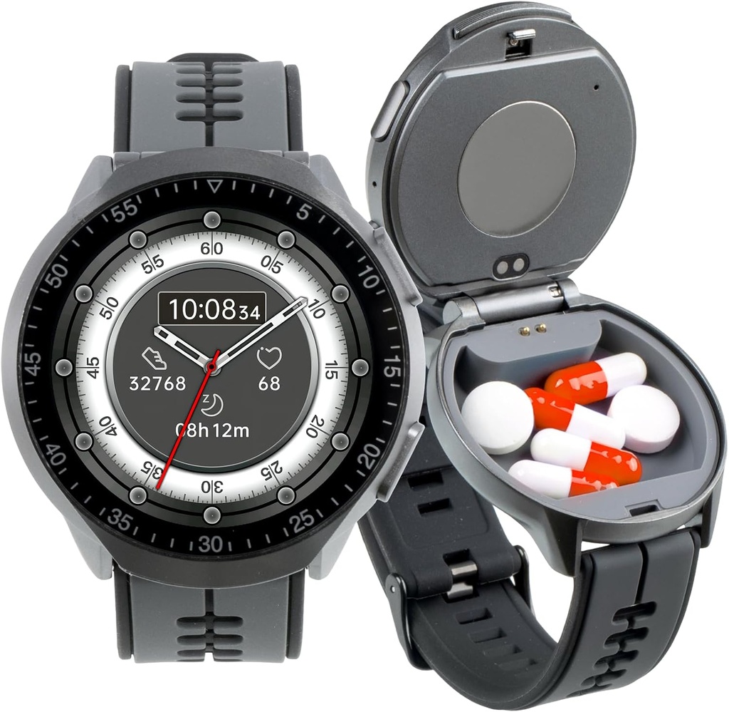 Smart Watch Pill Box, Fitness Smartwatch avec appel Bluetooth pour les hommes, organisateur de pilule résistant à l'eau pour les urgences, cas de pilule pour les urgences, petit contenant de pilule pour la vitamine, huile de poisson