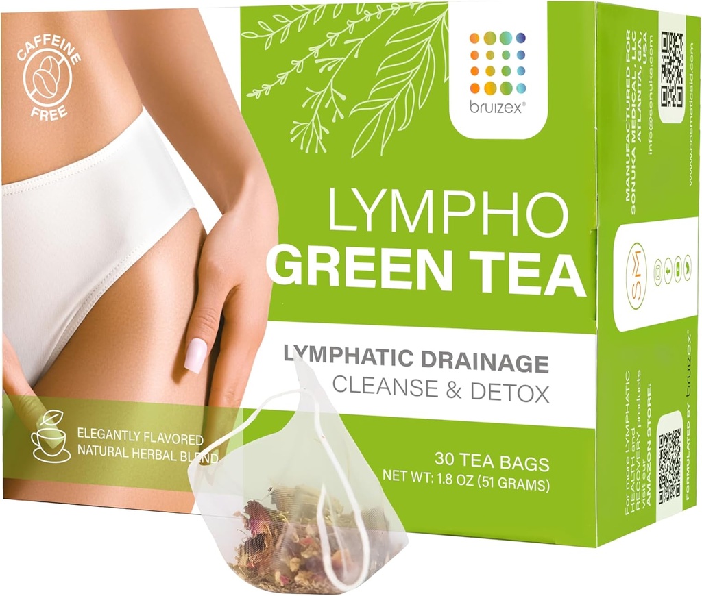 Bruizex Thé vert lymphatique, nettoyage du drainage lymphatique et détox, mélange naturel à base de plantes pour la santé du système lymphatique, récupération post-chirurgie Liposuccion, BBL, Tummy Tuck, Lipedema & Lymphedema, 30-Pack