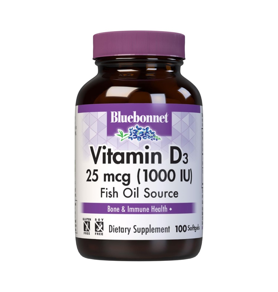 Bluebonnet Nutrition Vitamin D3 1000 IU Softgels, Hilfsmittel im Muskel- und Skelettwachstum, Cholecalciferol aus Fischöl, Non GMO, Glutenfrei, Sojafrei, Dairy Free, 100 Softgels