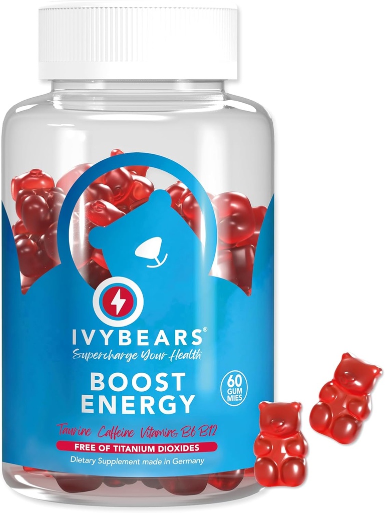 Gummées IvyBears® Energy Boost – Suppléments d'énergie végane avec vitamine B12 et caféine naturelle – Focus, énergie quotidienne et soutien à l'endurance – Gummées pré-entraînement – Compte 60
