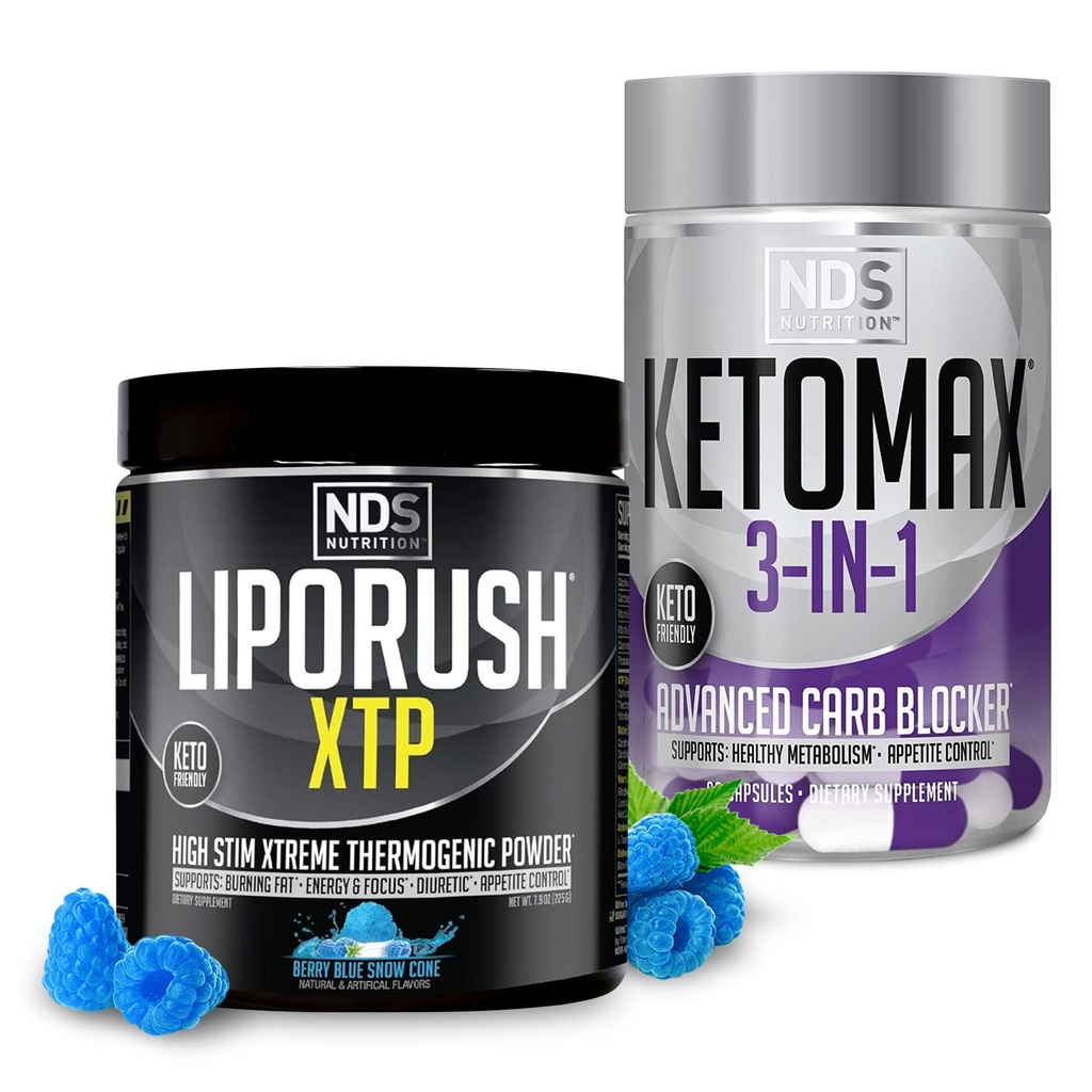 NDS Nutrition XTP Thermogenic Blue Berry Snow Cone (45 Servierungen) und Keto-Max Advanced 3-in-1 Pillen Carb Blocker Appetite Suppressant (90 Kapseln)
