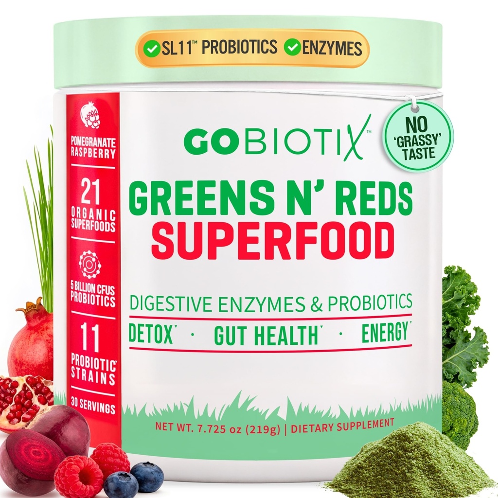 GOBIOTIX Super Greens and Reds Powder - Red and Green Superfood - Supplément probiotique - Enzymes digestifs et poudre de racine de betterave - Complément alimentaire biologique entier (Pom Raspberry, 1 paquet)