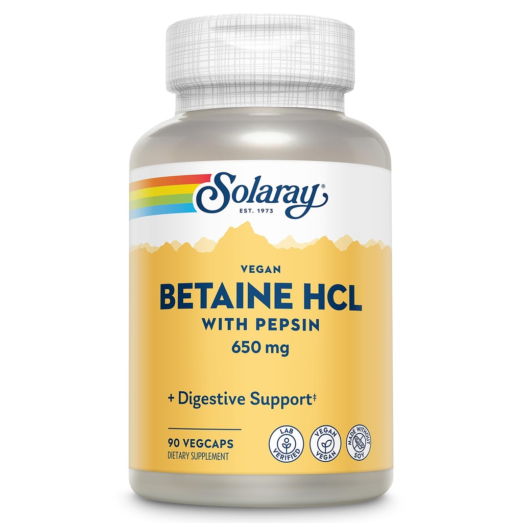 SOLARAY Vegan Betaine HCL mit Pepsin - Salzsäure-Ergänzung für Verdauungsgesundheit - mit Betaine-Hydrochlorid und Verdauungsenzymen - Gut Health Support - 60-Tage-Garantie, 90 VegCaps