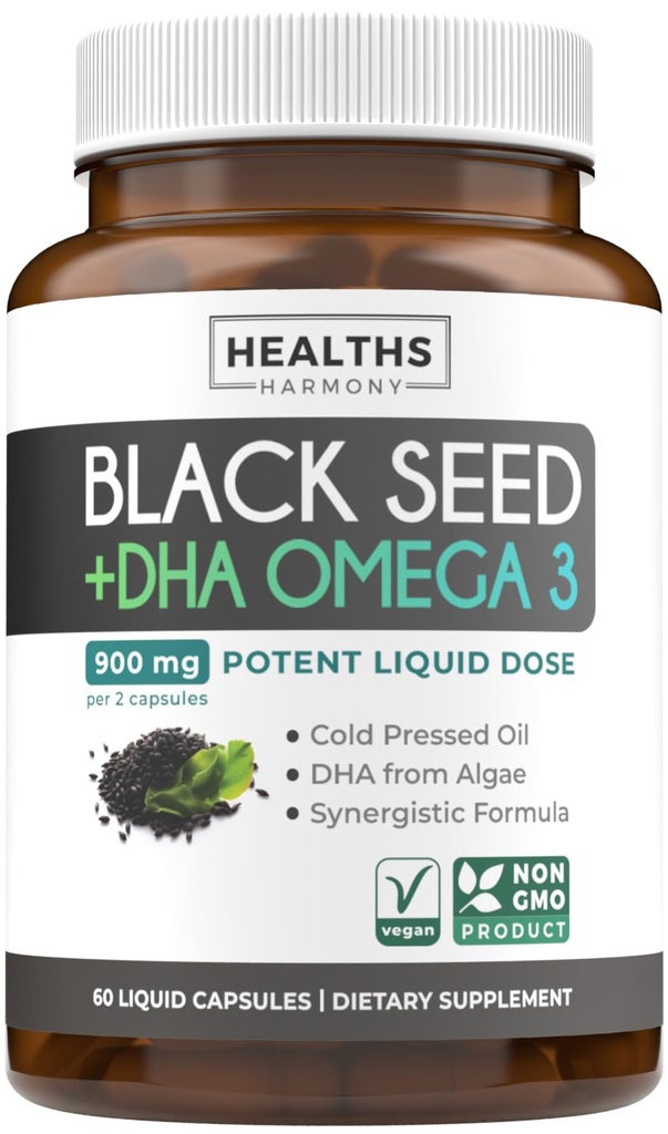 Kaltgepresste schwarze Seed Öl Kapseln - Vegan Non-GMO Nigella Sativa Schwarz Seed Öl Supplement mit Omega 3 DHA für Full Body Wellness & Brain Support - Vegan Omega 3 & Thymoquinone-Rich (1 Monat)