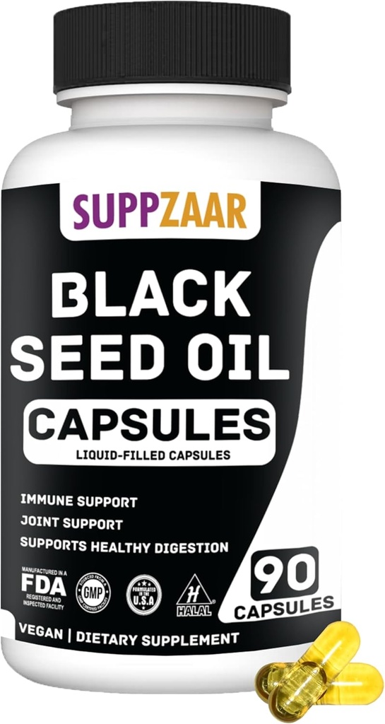 Huile de graines noires véganes 1000mg. Huile de graines de cumin noire pressée à froid pour immunone, structure, peau et digestion non-OGM, sans gluten et gélatine - 45 portions, 90 capsules remplies liquide