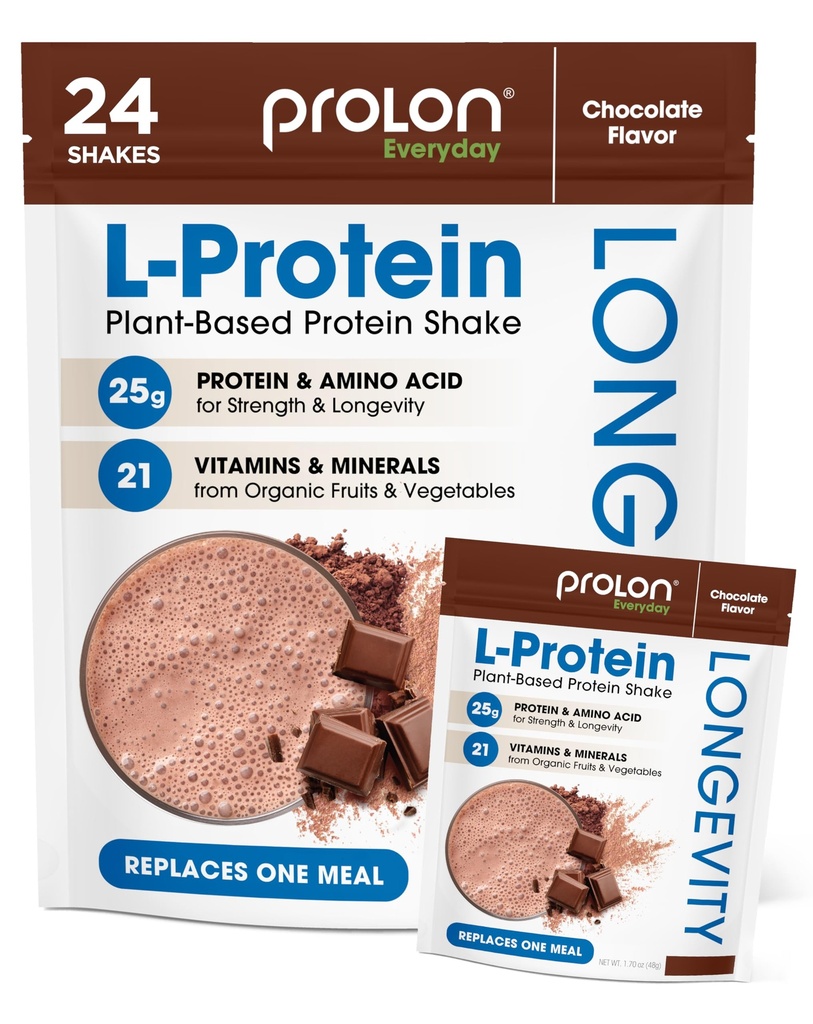 Prolon Longevity Plant Based Protein Powder | Muskelsynthese & Reparatur, Gesunde Alterung, Boost Performance | Vitamine, Glutenfrei, Aminosäuren, Antioxidantien | 25g Protein | Schokolade, 24 Packungen