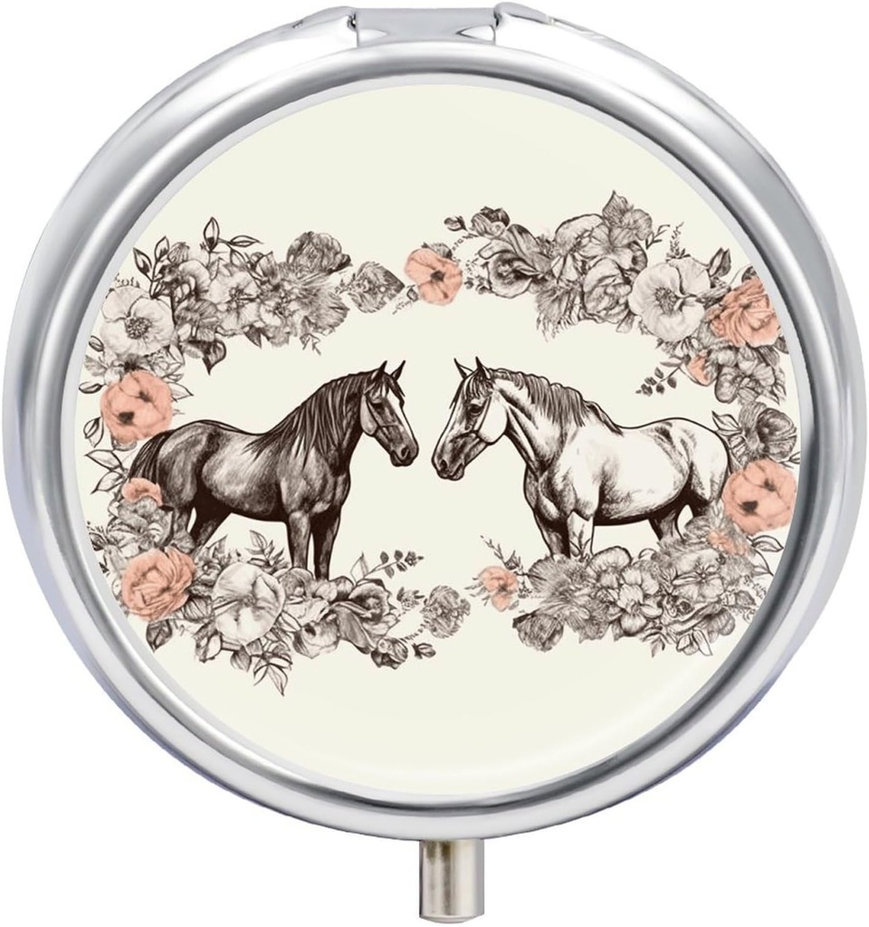Round Metal Pill Box,Flowers and Horses Hand Drawn Printed Travel Pill Organizer Portable Pill Container Small Pill Box for Purse and Pocket for Storing Vitamins, Medicines and Supplements