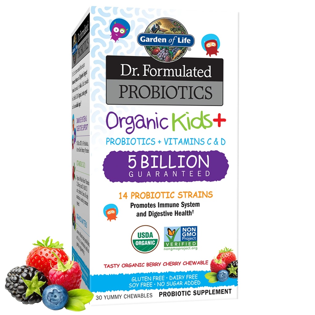 Jardin de la vie Probiotiques pour enfants, Dr. Probiotiques préparés Bio Kids+ Vitamine C & D, Cerise de baie, Gluten Laiterie & Soja Sans Immune & Supplément Santé Digestionnelle, 30 Chewables