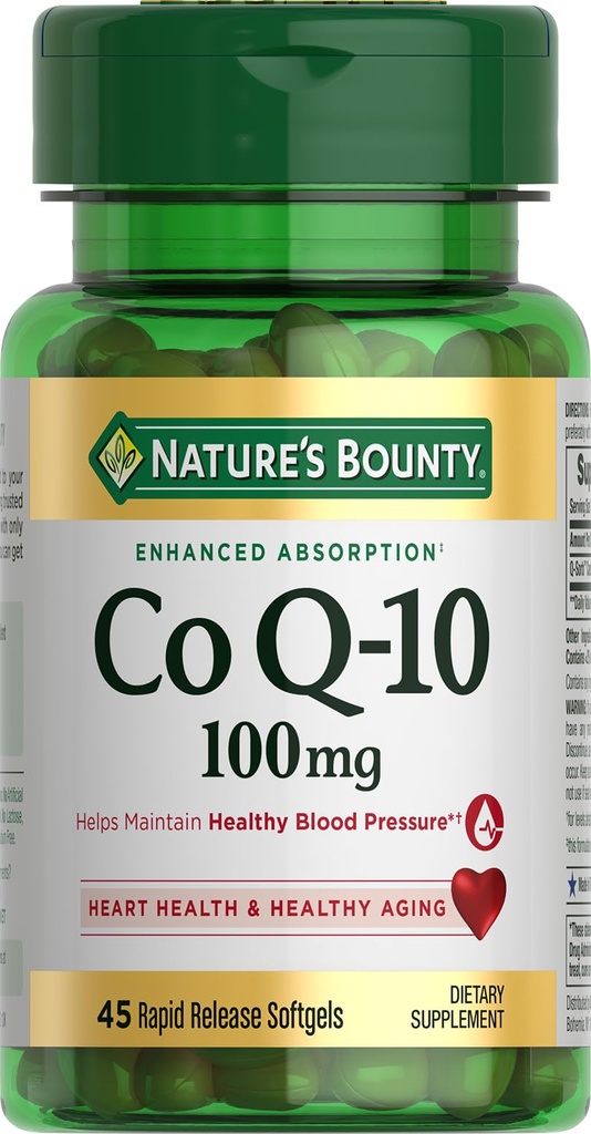 Nature's Bounty CoQ10 100mg für Herzgesundheitsunterstützung, Non-GMO Q-Sorb Coenzym Q-10 Antioxidans Unterstützung und Herz-Kreislauf-Wellness, Nahrungsergänzung, Schnellfreisetzung Softgels, 45 ct