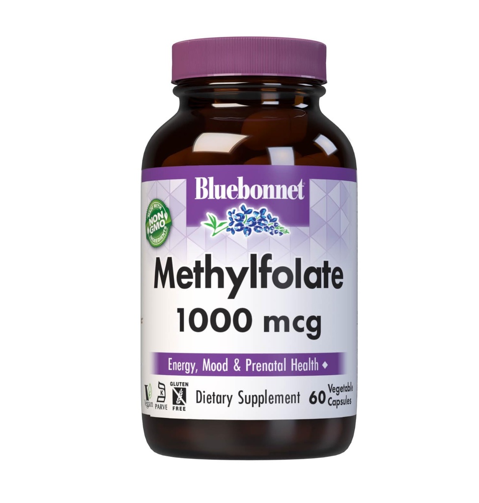 BlueBonnet Nutrition Méthylfolate 1000 mcg, pour l'énergie, l'humeur et la santé prénatale*, non OGM, végétalien, kosher certifié, sans gluten, 60 capsules végétales, 60 portions