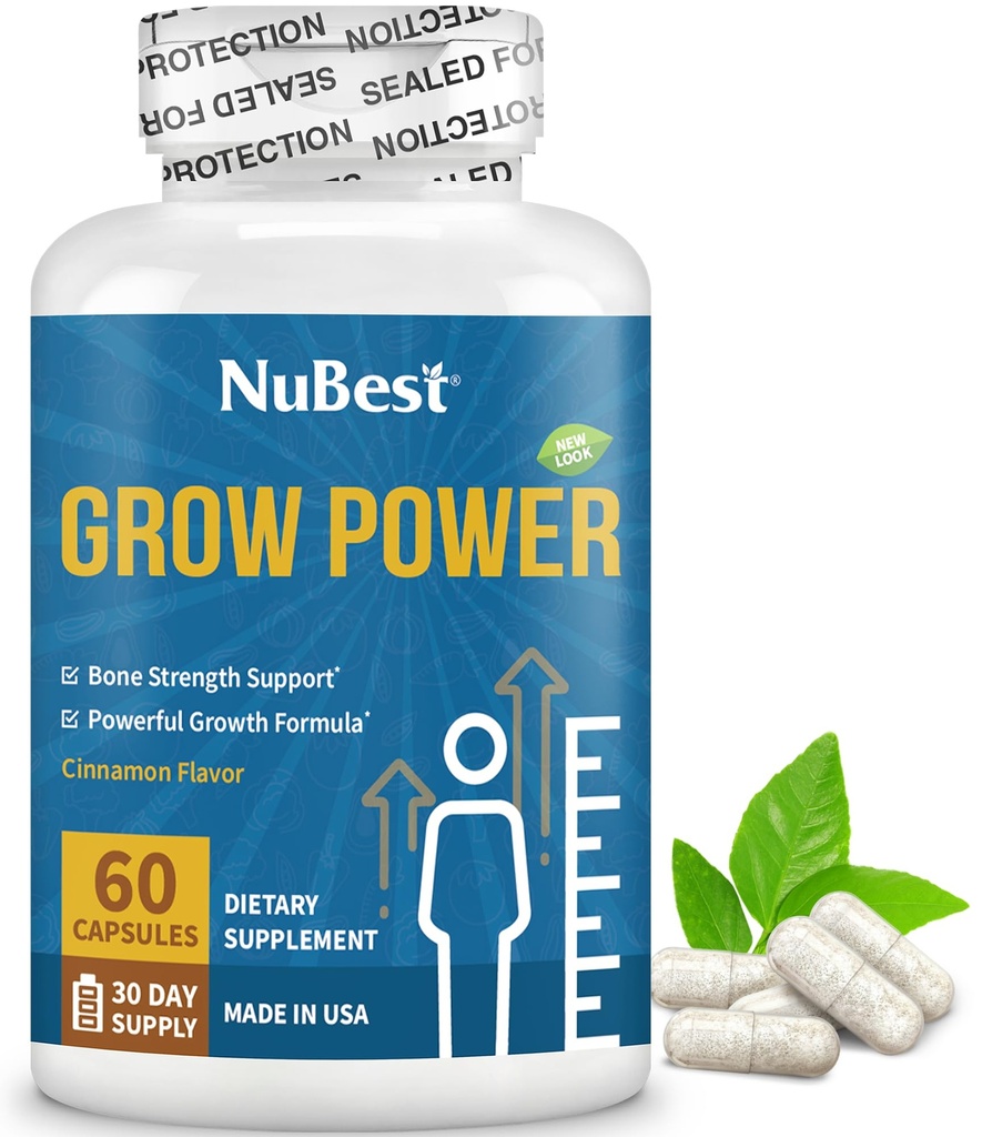 NuBest Grow Power - Kalzium-Ergänzung, Magnesium-Ergänzung mit Vitamin D3, B6, Zink, Phosphor und Multivitamin für starke Knochen, Gesamtgesundheit für Alter 10+ | 60 Kapseln | 1 Monat Versorgung
