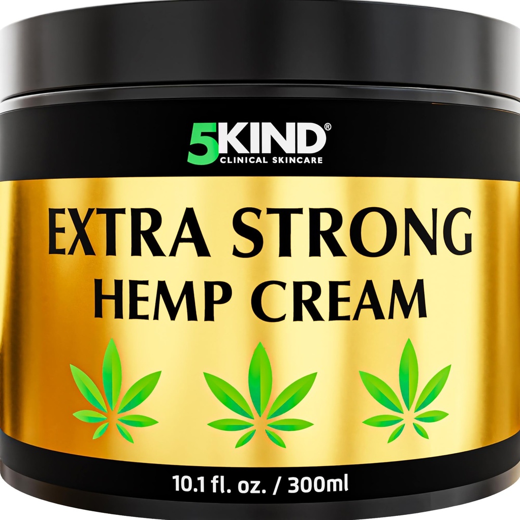 Crème de chanvre 5kind Extra Strong 10,1 fl oz - Force maximale - Crème d'articulation naturelle de soulagement - Rubule musculaire pour le bas du dos, les articulations, le cou, les genoux et les épaules