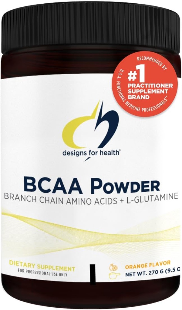 Designs für Gesundheit BCAA Pulver mit L-Glutamin - Verzweigte Kette Aminosäuren Pulver + L-Glutamin Ergänzung zu unterstützen Muskeln + Workouts - Orange Flavored Drink Mix (30 Portionen / 270g)