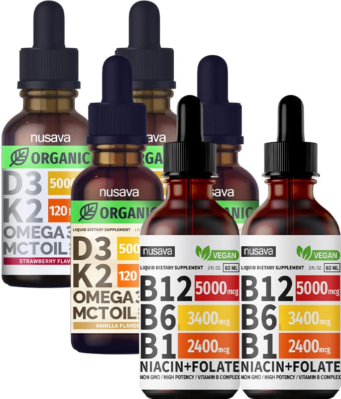 NUSAVA Vitamin B12 Flüssigkeitstropfen Bundle, Erdbeeren Flavored D3 K2, & Vanille Flavored D3 K2 - Potente flüssige Vitamine für Herz, Energie, Gehirn & Immununterstützung - Non-GMO, Gluten-Free, 2pk Jeder