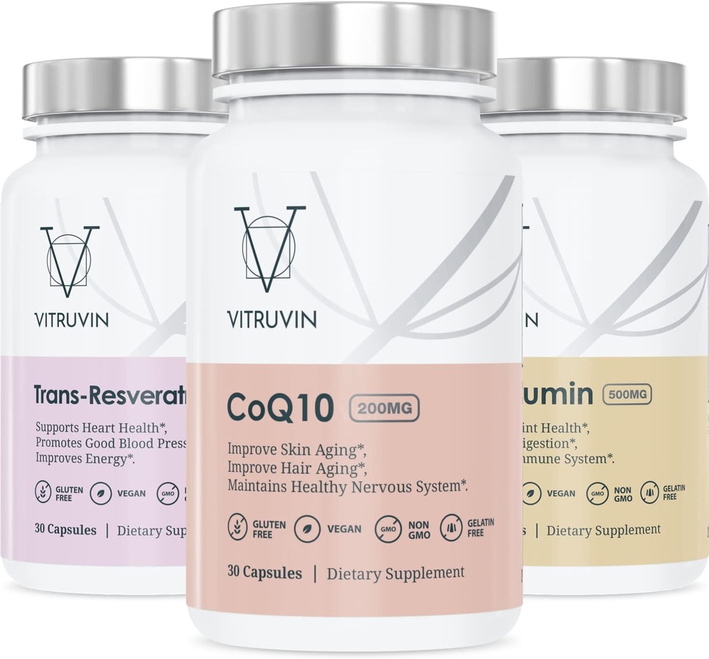 Vitruvin Beauty + Comfort Pack COQ10 200mg + Trans- Resveratrol 500mg + Curcumin 500mg, Vegan, Non-GMO, Glutenfrei, Gelatin-frei. Gesunde Haut, Gehör, Gelenke und Gehirn