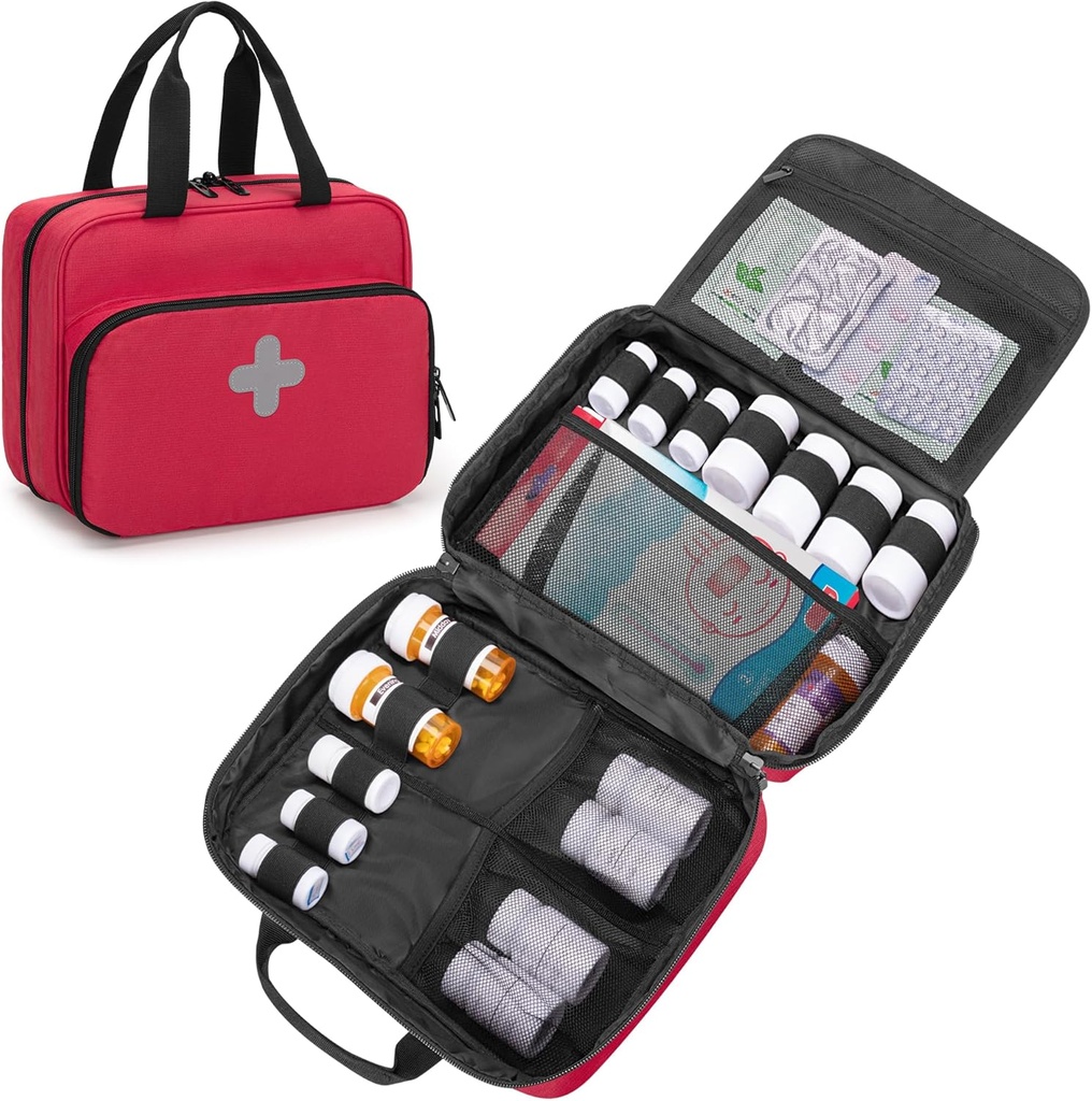 CURMIO Pill Organizer Sac de médecine portable, entreposage de bouteilles d'ordonnance verrouillable pour les bouteilles de pilules, les vitamines, les suppléments médicaux pour l'entreposage à domicile et les voyages, rouge (Sac de médecine vide)