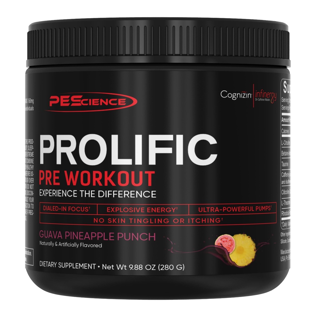 PEScience Prolific Pre Workout Pulver für Männer und Frauen mit L-Citrulline Nitric Oxid Booster, Energy Powder & Nootropic for Focus – Vorbereitung ohne Beta Alanine – 40 Scoops, Guava Ananas Punch