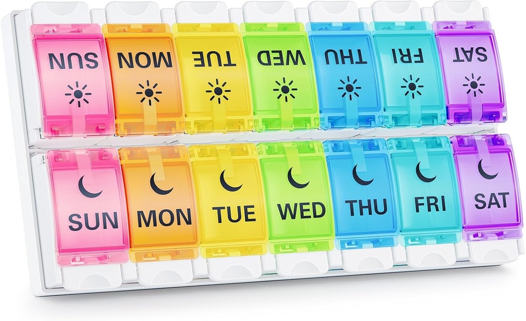 BUG HULL Pill Organizer AM PM Arthritis Friendly, BPA Free Pill Box 2 fois par jour, grand contenant de pilules, organisateur hebdomadaire de pilules de médicaments, cas de pilule 7 jours pour la vitamine, suppléments