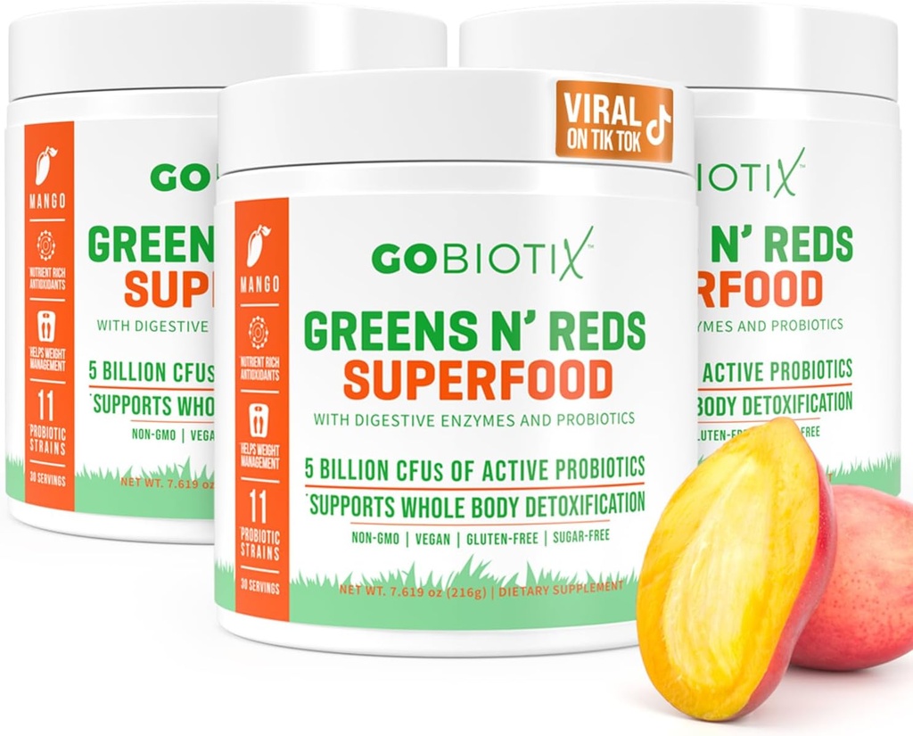 GOBIOTIX Super Greens and Reds Powder - Rote und grüne Superfood - Probiotische Beilage - Verdauungsenzyme und Rübenwurzelpulver - Bio Vollnahrung Nahrungsergänzungsmittel (Mango, 3 Pack)